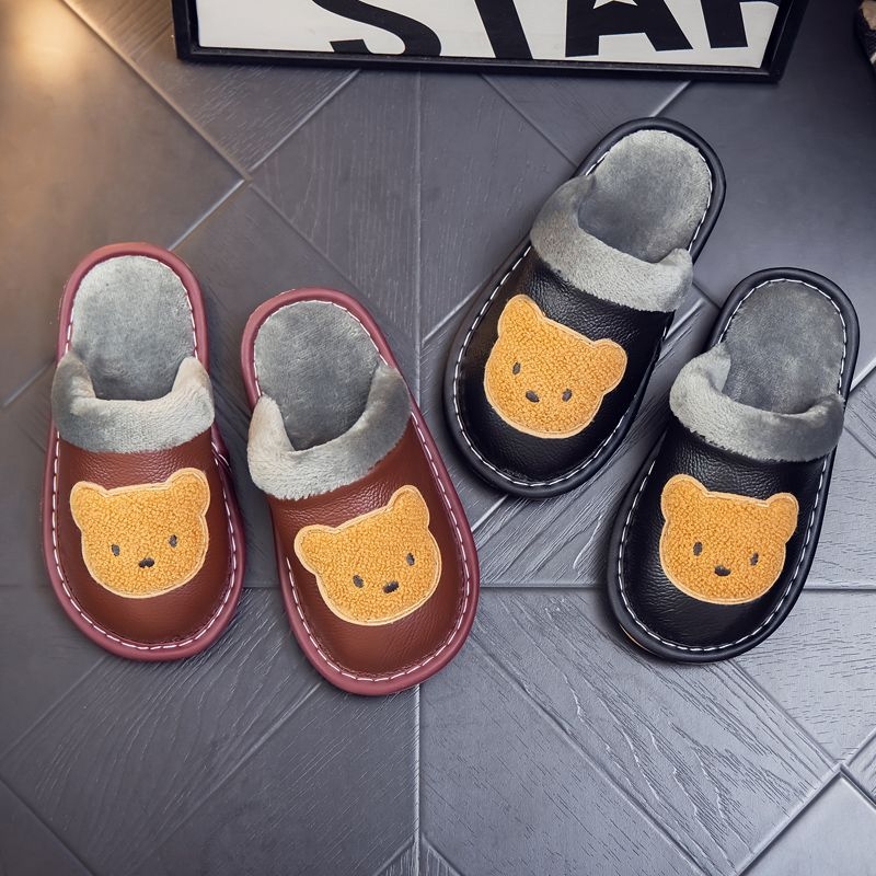 Dječje plišane papuče s medvjedom | gornji dio teleće kože, PVC potplat, zimske kućne papuče, crtani motiv, za djecu 1-3 godine