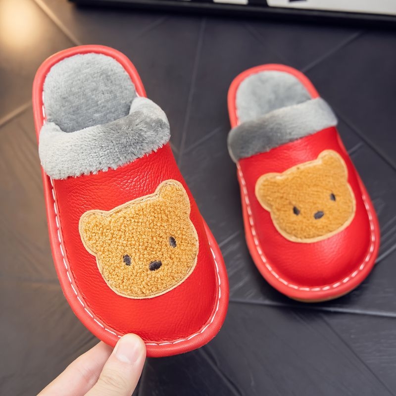 Dječje plišane papuče s medvjedom | gornji dio teleće kože, PVC potplat, zimske kućne papuče, crtani motiv, za djecu 1-3 godine