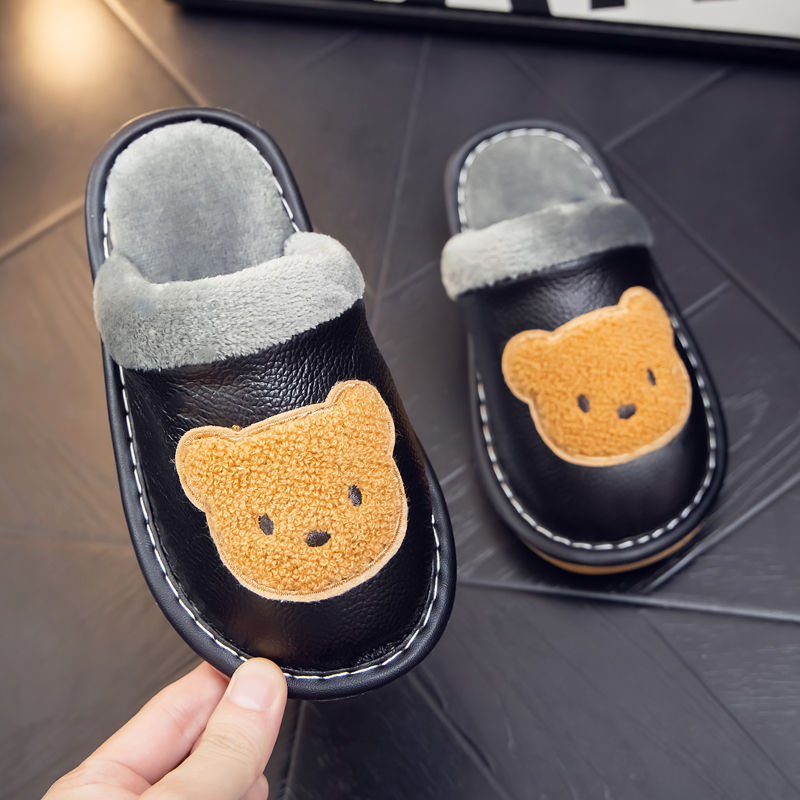 Dječje plišane papuče s medvjedom | gornji dio teleće kože, PVC potplat, zimske kućne papuče, crtani motiv, za djecu 1-3 godine