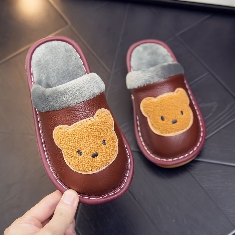Dječje plišane papuče s medvjedom | gornji dio teleće kože, PVC potplat, zimske kućne papuče, crtani motiv, za djecu 1-3 godine