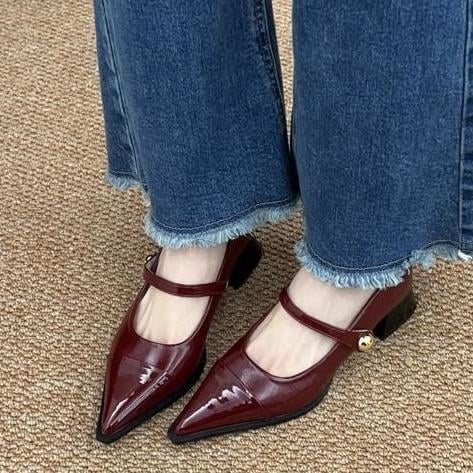 Mary Jane cipele s oštrim nosom, PU gornji dio, srednje visoke pete 3–6 cm, debeli potplat