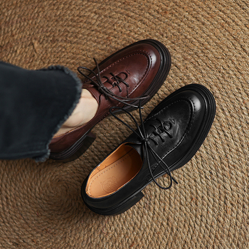 Ženske kožne niske cipele, retro stil, okrugla nosnica, debeli pet 3–6 cm, prednje vezanje