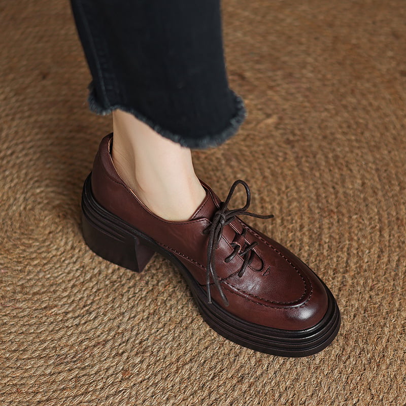 Ženske kožne niske cipele, retro stil, okrugla nosnica, debeli pet 3–6 cm, prednje vezanje