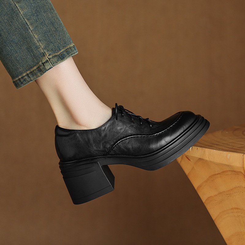 Ženske kožne niske cipele, retro stil, okrugla nosnica, debeli pet 3–6 cm, prednje vezanje
