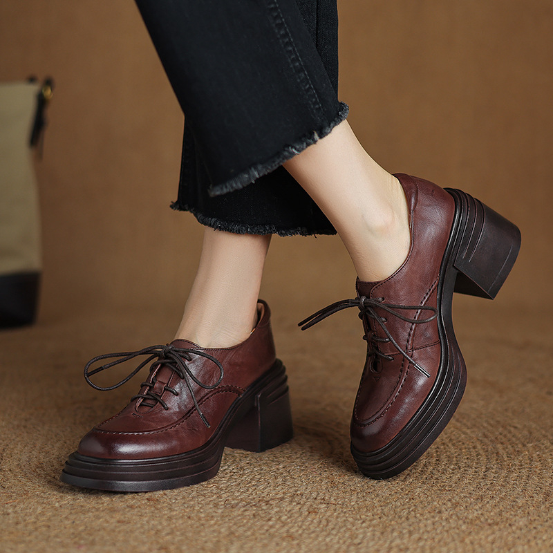 Ženske kožne niske cipele, retro stil, okrugla nosnica, debeli pet 3–6 cm, prednje vezanje