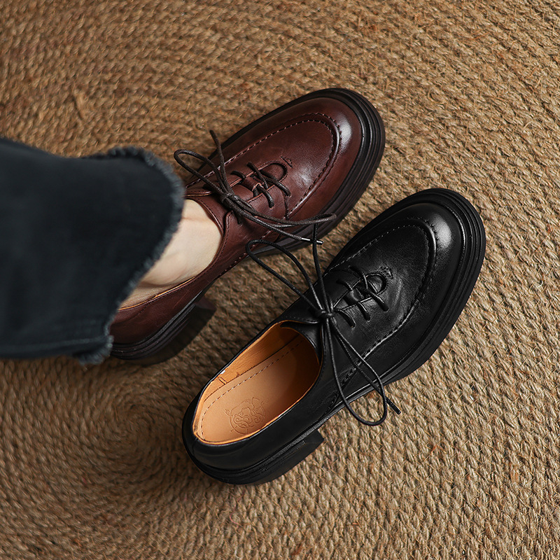 Ženske kožne niske cipele, retro stil, okrugla nosnica, debeli pet 3–6 cm, prednje vezanje