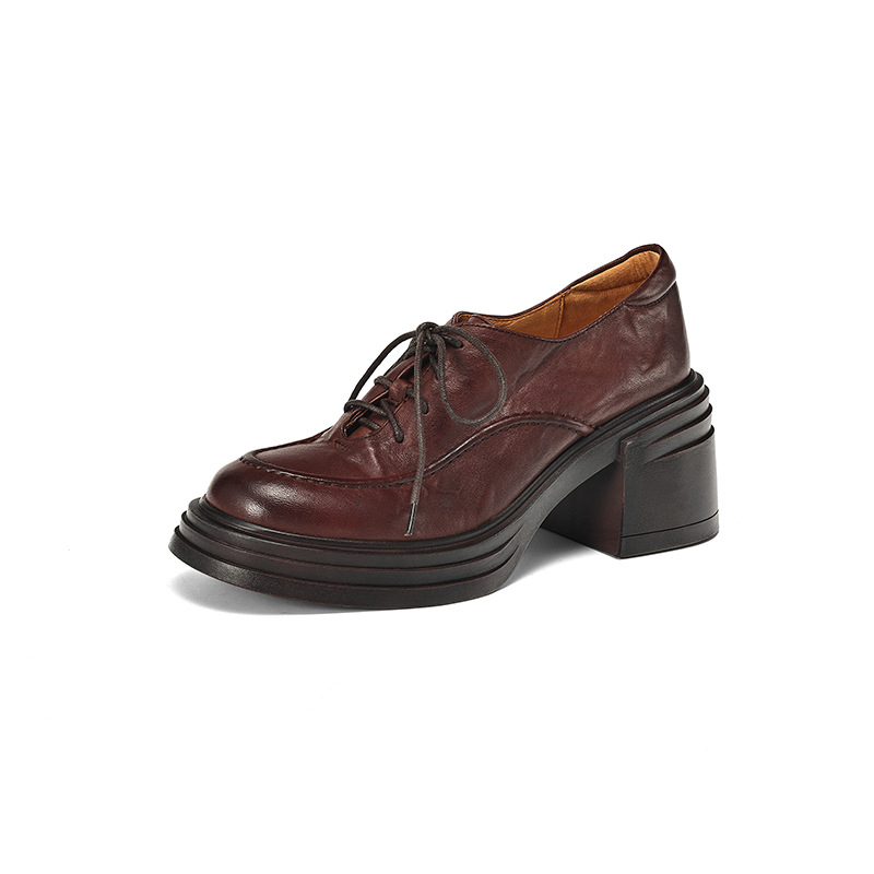 Ženske kožne niske cipele, retro stil, okrugla nosnica, debeli pet 3–6 cm, prednje vezanje