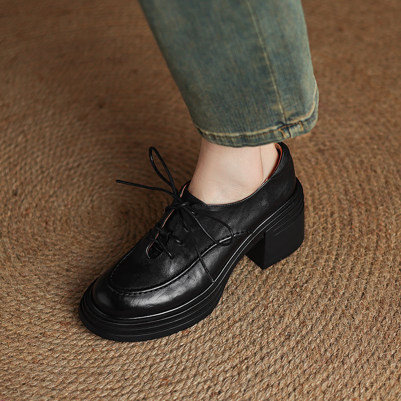 Ženske kožne niske cipele, retro stil, okrugla nosnica, debeli pet 3–6 cm, prednje vezanje