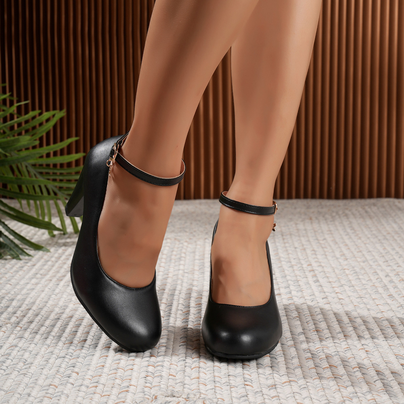 Visoke pete, minimalistički stil, okrugla špička, PU gornji dio, 6-8 cm debeli pet, kopčanje s kopčom