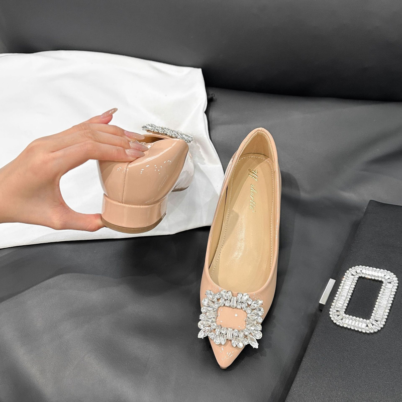 Ženske cipele na visoku petu s rhinestones, oštar vrh, debeli potpetica, niski vamp
