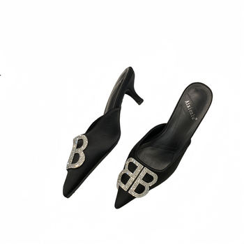 PU мюли за есен 2025 с нисък ток, остър нос, плъзгащо се затваряне, гумена подметка