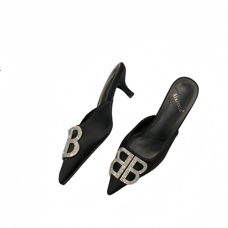 PU мюли за есен 2025 с нисък ток, остър нос, плъзгащо се затваряне, гумена подметка