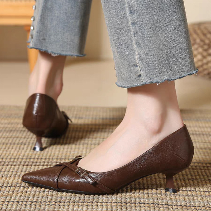 Ženske cipele na petu s križnim remenom, oštar nos, PU gornji dio, srednji potpetica 3-6 cm, Slip-On