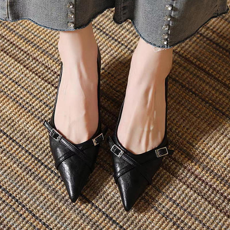 Ženske cipele na petu s križnim remenom, oštar nos, PU gornji dio, srednji potpetica 3-6 cm, Slip-On