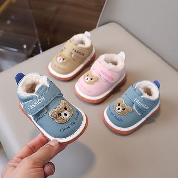 Παιδικά χειμερινά παπούτσια με άνω μέρος από συνθετικό δέρμα, βελούδινη επένδυση, μαλακή σόλα, σχέδιο κινούμενων σχεδίων, για παιδιά 12–36 μηνών