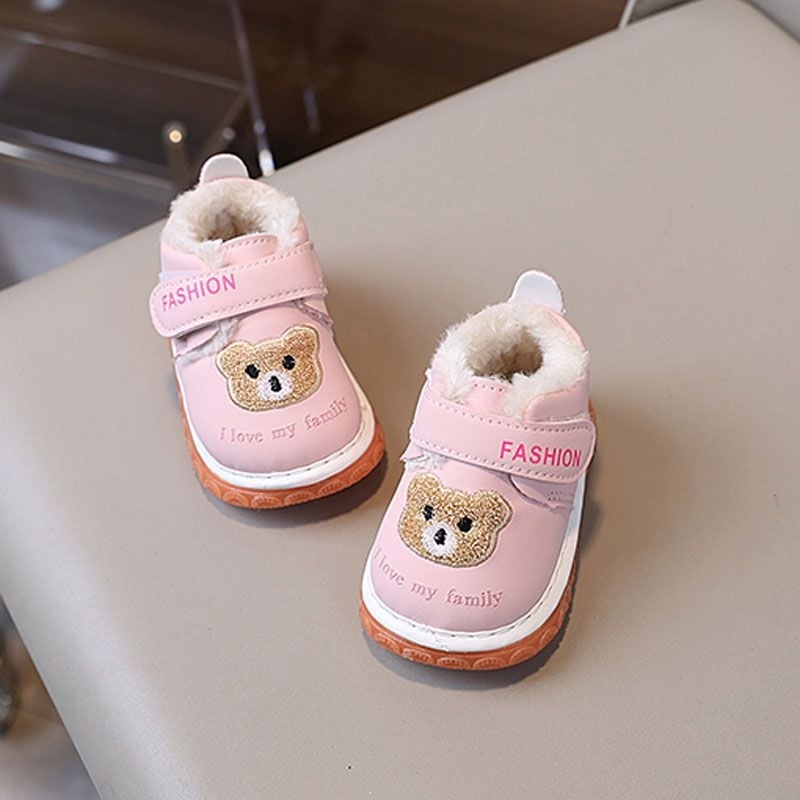 Παιδικά χειμερινά παπούτσια με άνω μέρος από συνθετικό δέρμα, βελούδινη επένδυση, μαλακή σόλα, σχέδιο κινούμενων σχεδίων, για παιδιά 12–36 μηνών