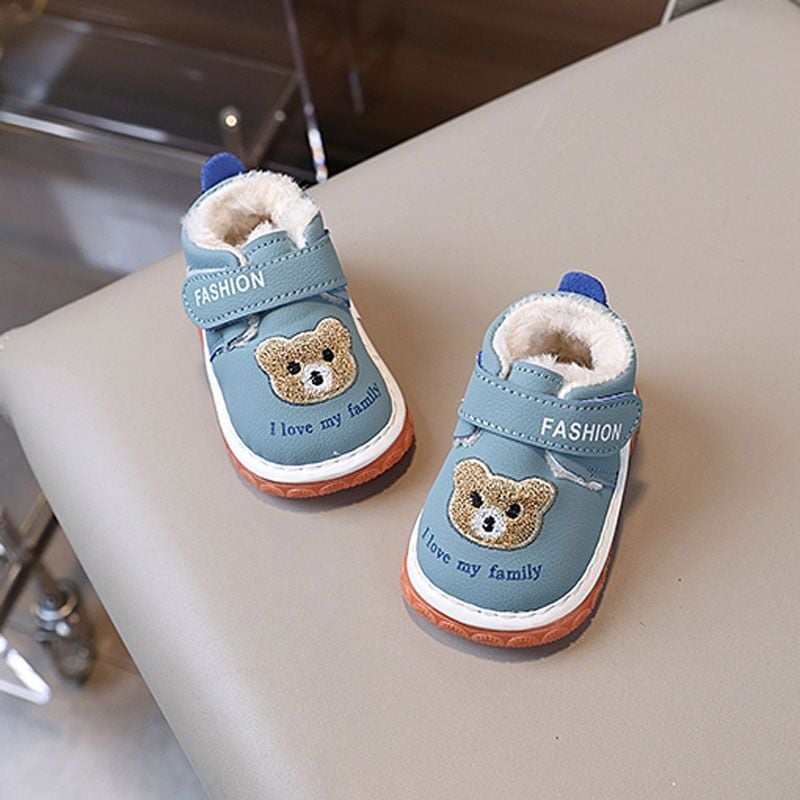 Παιδικά χειμερινά παπούτσια με άνω μέρος από συνθετικό δέρμα, βελούδινη επένδυση, μαλακή σόλα, σχέδιο κινούμενων σχεδίων, για παιδιά 12–36 μηνών