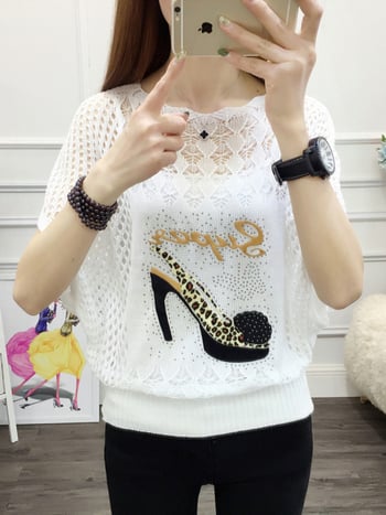 Πλεκτός πουλόβερ, λεπτή πλέξη, διάτρητος σχεδιασμός, μανίκια 3/4, στυλ πουλόβερ