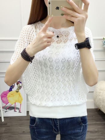 Πλεκτός πουλόβερ, λεπτή πλέξη, διάτρητος σχεδιασμός, μανίκια 3/4, στυλ πουλόβερ