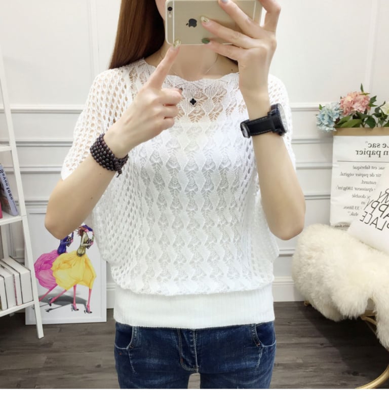 Πλεκτός πουλόβερ, λεπτή πλέξη, διάτρητος σχεδιασμός, μανίκια 3/4, στυλ πουλόβερ