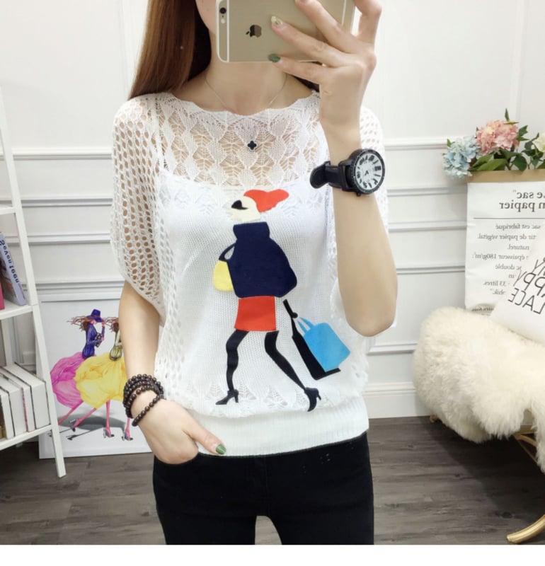 Πλεκτός πουλόβερ, λεπτή πλέξη, διάτρητος σχεδιασμός, μανίκια 3/4, στυλ πουλόβερ