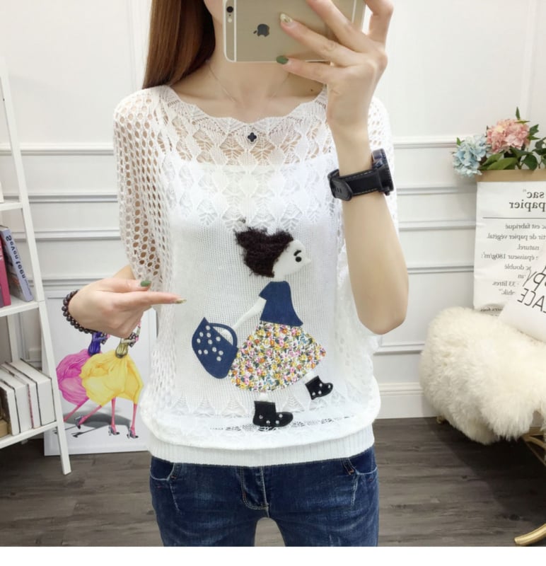 Πλεκτός πουλόβερ, λεπτή πλέξη, διάτρητος σχεδιασμός, μανίκια 3/4, στυλ πουλόβερ