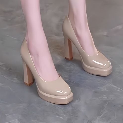 Ženske visoke pete s platformom - okrugli vrh, PU gornji dio, latex ulošak, platforma, debeli pet 6-8 cm