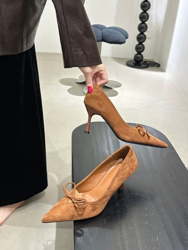 Ženske cipele s oštrim nosom i mašnicom, visokih potpetica, slip-on, 6–8 cm peta