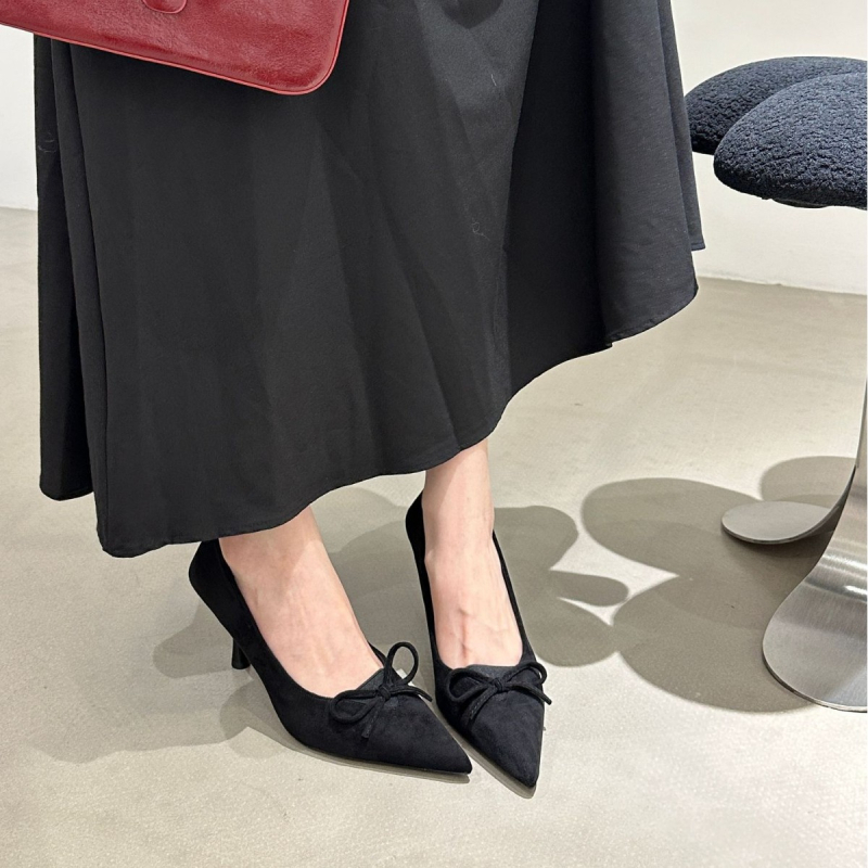 Ženske cipele s oštrim nosom i mašnicom, visokih potpetica, slip-on, 6–8 cm peta