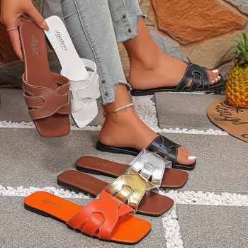 Ženske ravne papuče s kvadratnim vrhom, prozračne, slip-on, kućne papuče, PU gornji dio, plastična potplat