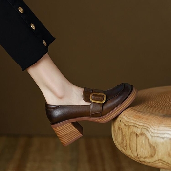 Ženske visoke pete loafer slip-on, četvrtasti nos, debeli pet, PU gornji dio, unutrašnjost od imitacijske kože, korejski stil