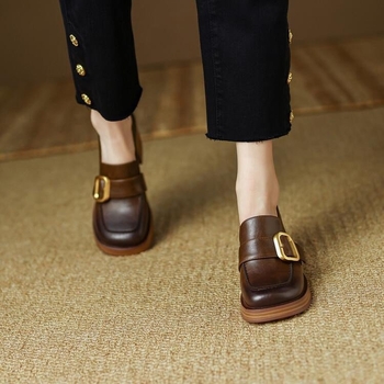 Ženske visoke pete loafer slip-on, četvrtasti nos, debeli pet, PU gornji dio, unutrašnjost od imitacijske kože, korejski stil
