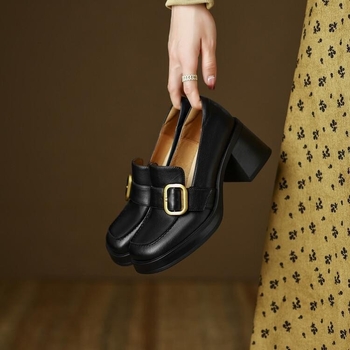 Ženske visoke pete loafer slip-on, četvrtasti nos, debeli pet, PU gornji dio, unutrašnjost od imitacijske kože, korejski stil