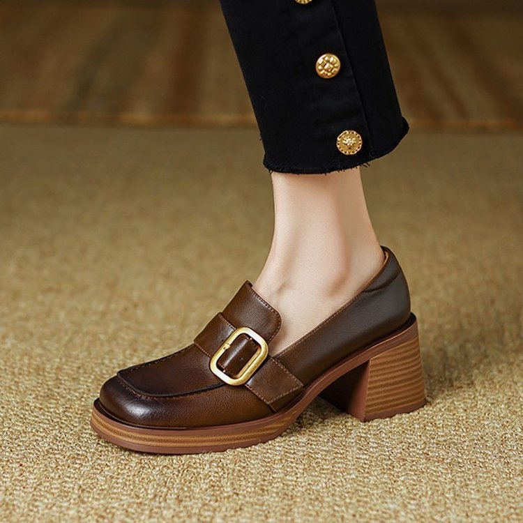 Ženske visoke pete loafer slip-on, četvrtasti nos, debeli pet, PU gornji dio, unutrašnjost od imitacijske kože, korejski stil