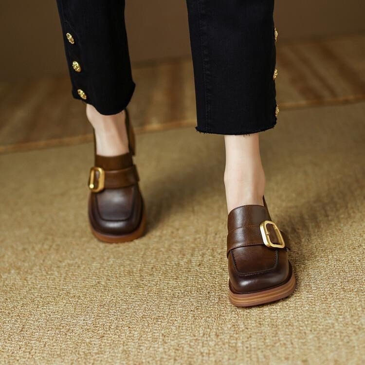 Ženske visoke pete loafer slip-on, četvrtasti nos, debeli pet, PU gornji dio, unutrašnjost od imitacijske kože, korejski stil