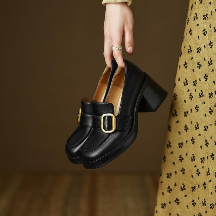 Ženske visoke pete loafer slip-on, četvrtasti nos, debeli pet, PU gornji dio, unutrašnjost od imitacijske kože, korejski stil
