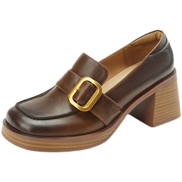Ženske visoke pete loafer slip-on, četvrtasti nos, debeli pet, PU gornji dio, unutrašnjost od imitacijske kože, korejski stil