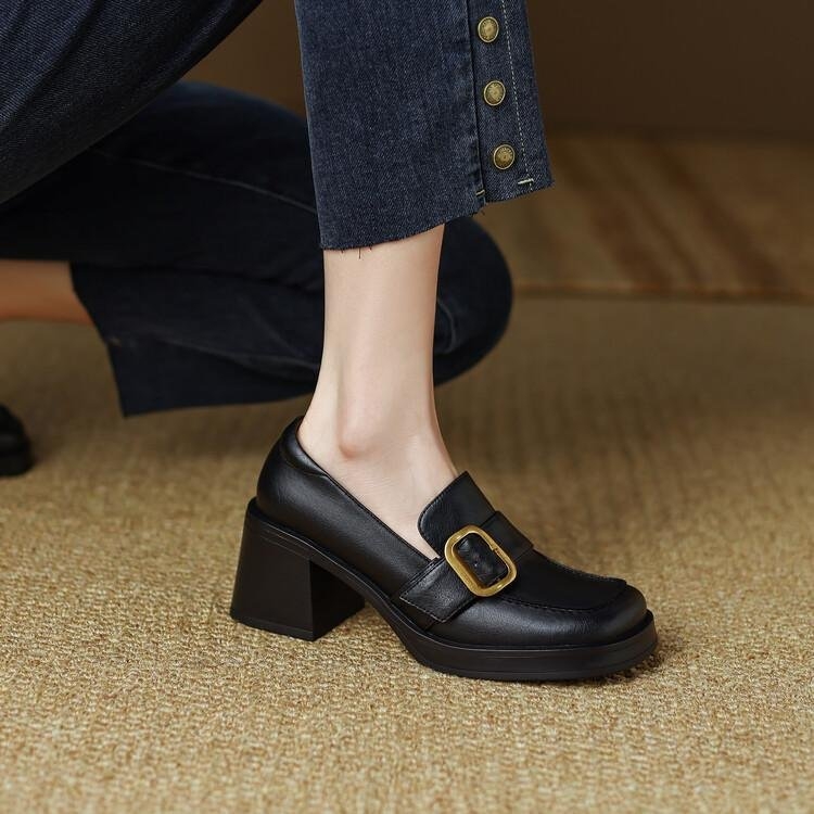 Ženske visoke pete loafer slip-on, četvrtasti nos, debeli pet, PU gornji dio, unutrašnjost od imitacijske kože, korejski stil