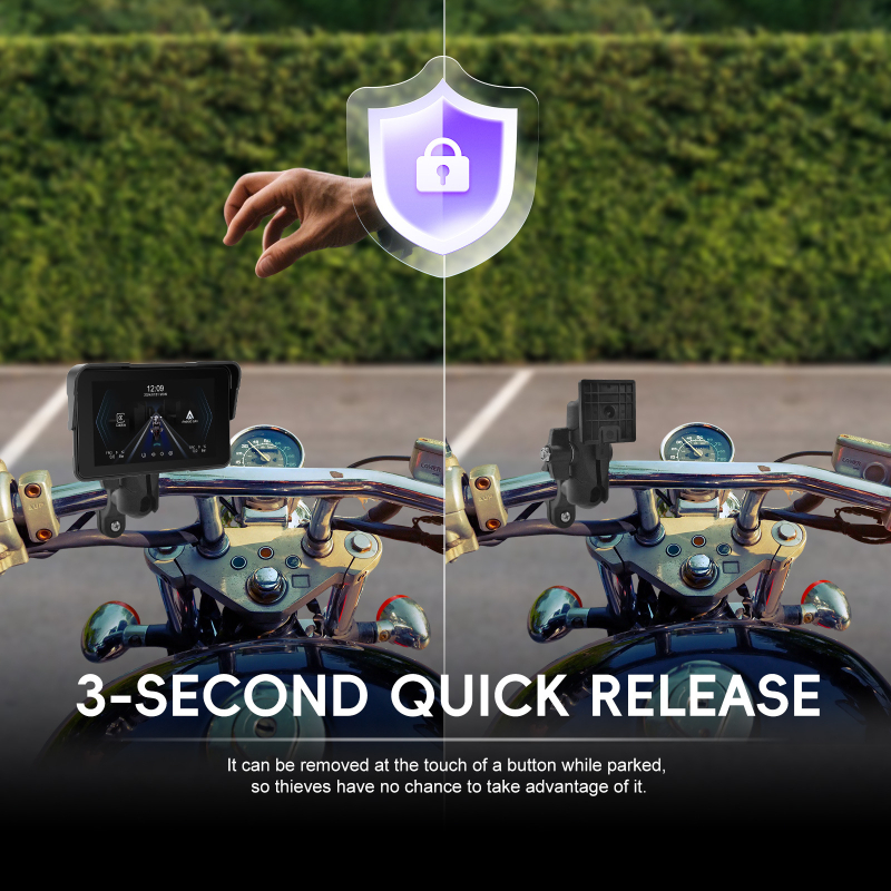 Οθόνη μοτοσικλέτας με CarPlay και TPMS, με βάση γρήγορης απελευθέρωσης και οριζόντια διάταξη, παγκόσμια συμβατότητα, Fox hunter 502