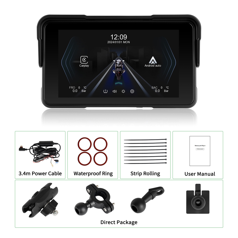 Οθόνη μοτοσικλέτας με CarPlay και TPMS, με βάση γρήγορης απελευθέρωσης και οριζόντια διάταξη, παγκόσμια συμβατότητα, Fox hunter 502