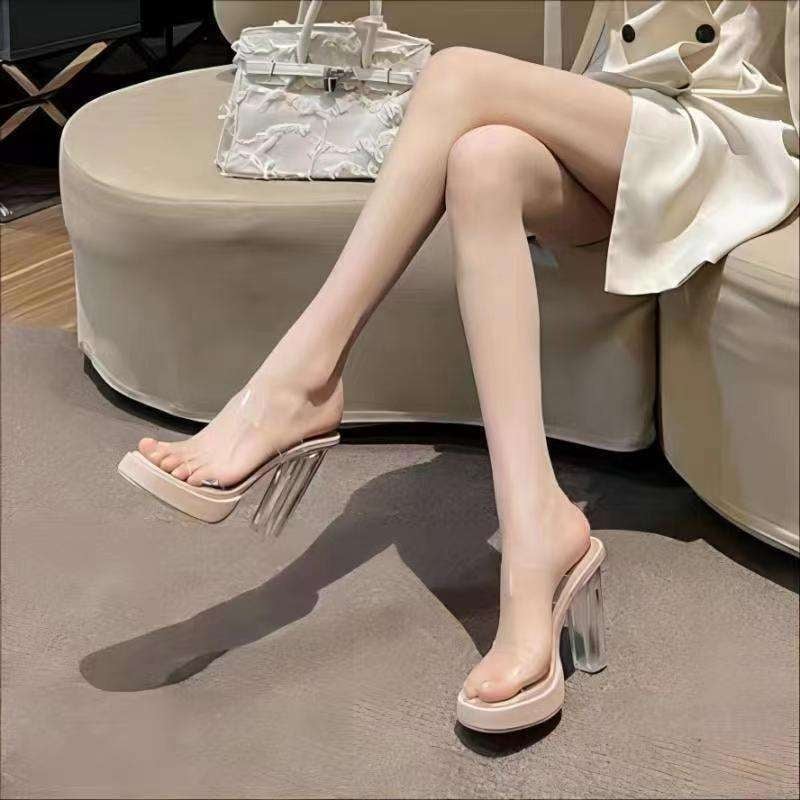 Női tengerparti szandálok két rétegű disznó bőrből készült felsőrésszel, halszáj alakú lábujjnyílás, PU talp, koreai stílus, 8 cm-nél magasabb ultramagas sarkú