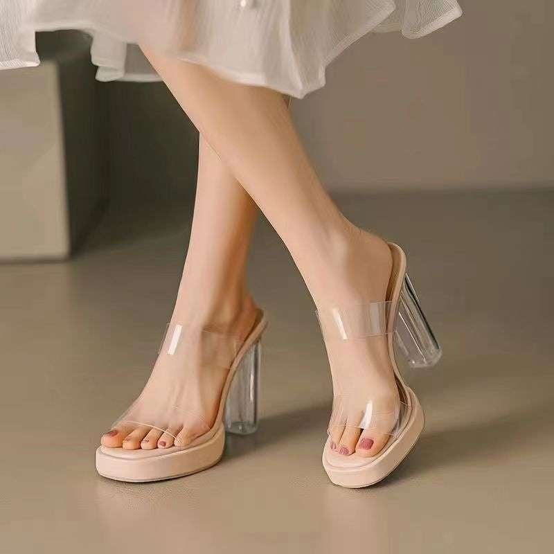 Női tengerparti szandálok két rétegű disznó bőrből készült felsőrésszel, halszáj alakú lábujjnyílás, PU talp, koreai stílus, 8 cm-nél magasabb ultramagas sarkú