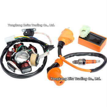 Zapaľovací systém pre skúter GY6 50cc: štartovacia cievka, vysokonapäťová súprava, zapaľovací modul, zapaľovacia sviečka – kompletný set
