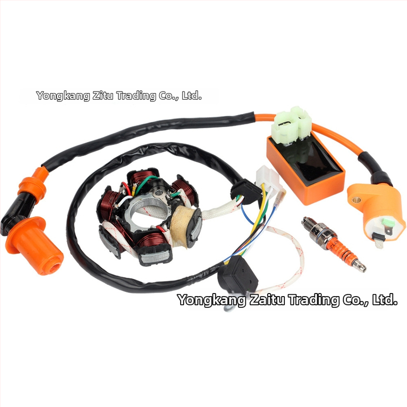 Zapaľovací systém pre skúter GY6 50cc: štartovacia cievka, vysokonapäťová súprava, zapaľovací modul, zapaľovacia sviečka – kompletný set