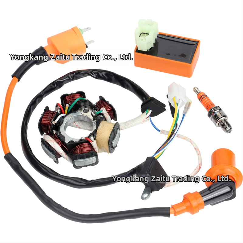 Zapaľovací systém pre skúter GY6 50cc: štartovacia cievka, vysokonapäťová súprava, zapaľovací modul, zapaľovacia sviečka – kompletný set