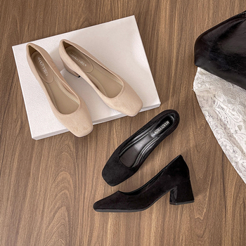 Ženske velur slip-on cipele s kvadratnim vrhom, bez vezivanja, srednja visina potpetice 3–6 cm