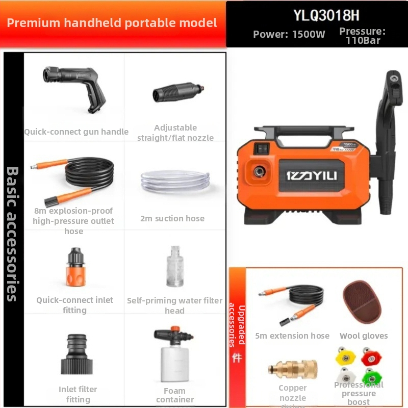 Domáca prenosná umývačka auta s vysokým tlakom, 1500W, 220V, 110 bar, 7 L/min, 3,5 kg