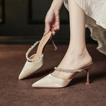 Ženske satenske visoke sandale s špicastim prstom, tanak stiletto potpetica iznad 8 cm, PU uložak