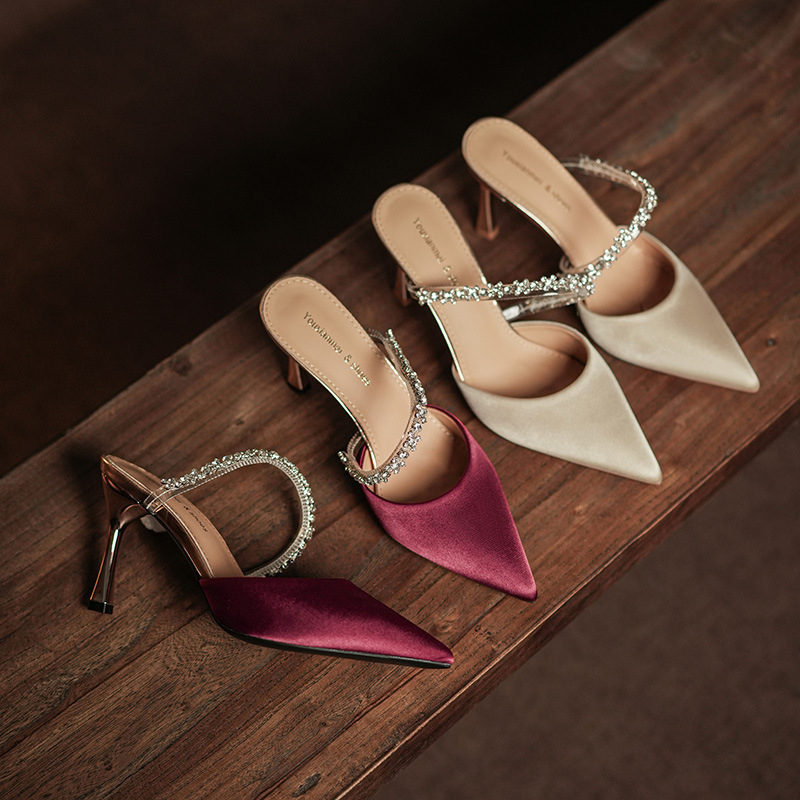 Ženske satenske visoke sandale s špicastim prstom, tanak stiletto potpetica iznad 8 cm, PU uložak