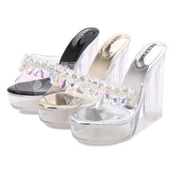 Sandale s oblikom ribljeg usta, gornji dio PVC-a i đon PVC, debeli pet iznad 8 cm, kristalni detalji